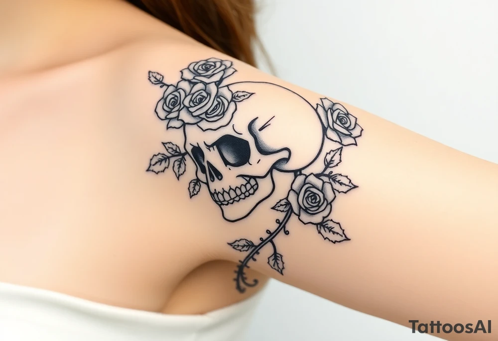 gothic skull intertwined with climbing roses and thorny vines tattoo idea