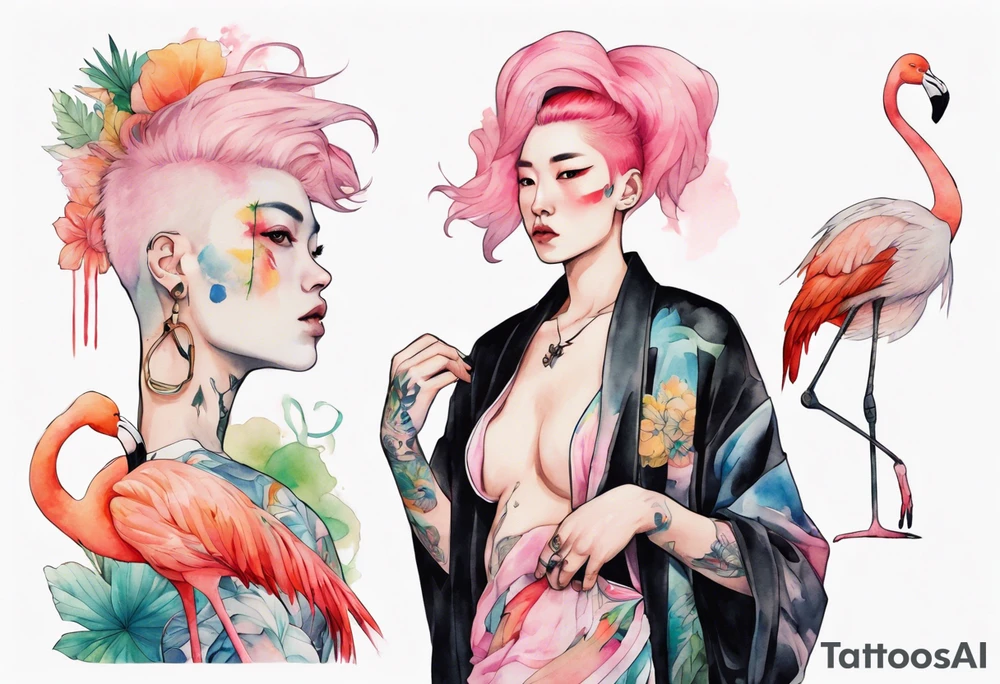 an androgynous person with pink hair and a rainbow robe standing next to a flamingo tattoo idea
