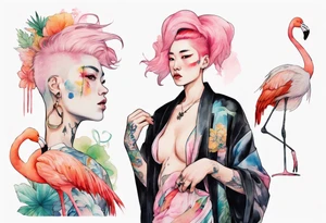 an androgynous person with pink hair and a rainbow robe standing next to a flamingo tattoo idea