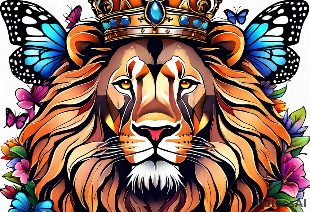 African lion covered in lilies butterflies crown main made of feathers tattoo idea