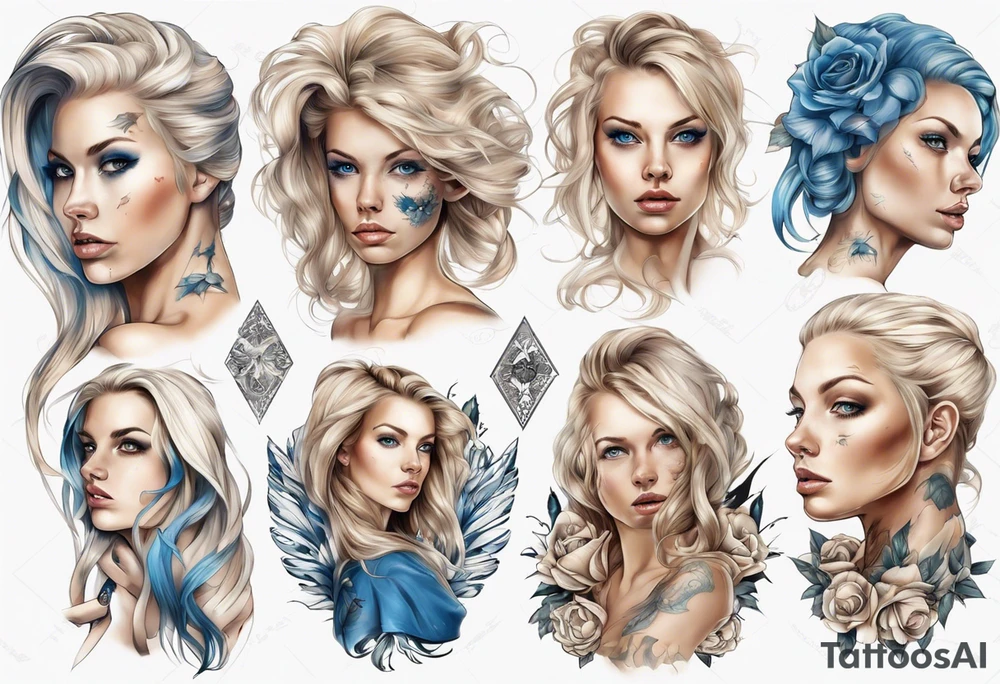 entkleidete schöne frau mit blondem haar und blauen augen tattoo idea