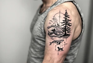 Fine line powerful ocean half sleeve with a wave, a whale, a Joshua tree, and a dog as separate elements connected by geometric patterns tattoo idea