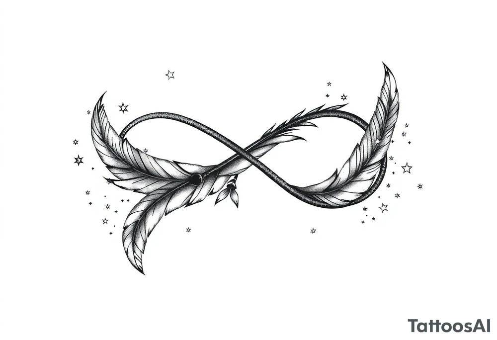 infinity symbol woven with floating feathers and stardust tattoo idea