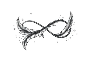 infinity symbol woven with floating feathers and stardust tattoo idea
