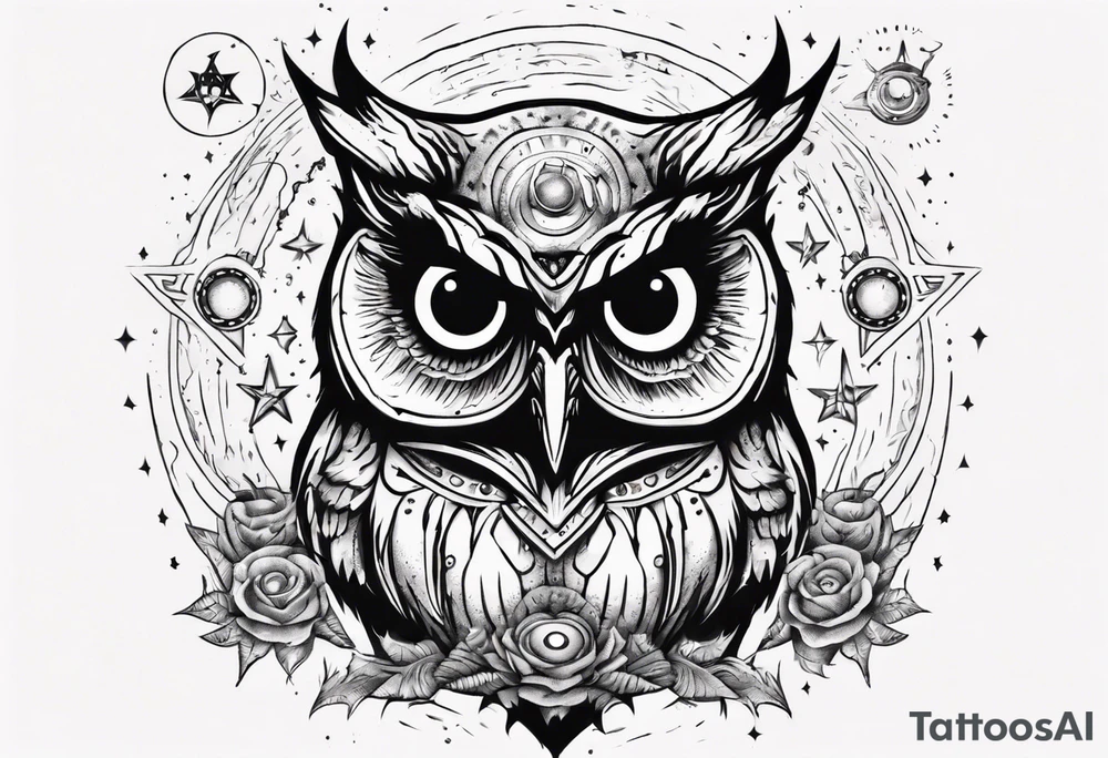 Demon Owl surrounded by cosmic magic  astrology. tattoo idea