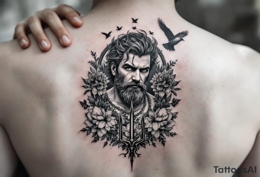 man with a trident, surrounded by floral ornaments and birds tattoo idea