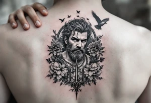 man with a trident, surrounded by floral ornaments and birds tattoo idea