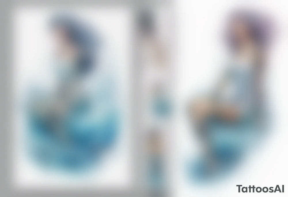 a tall transparent woman made of glass covered with water, sitting upon a wave tattoo idea