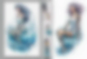 a tall transparent woman made of glass covered with water, sitting upon a wave tattoo idea