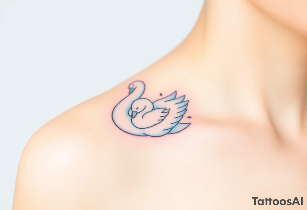 A swan with her baby nestled in her wings, in soft white and light blue hues, symbolizing purity and warmth tattoo idea