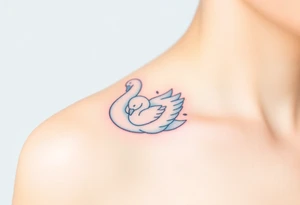 A swan with her baby nestled in her wings, in soft white and light blue hues, symbolizing purity and warmth tattoo idea