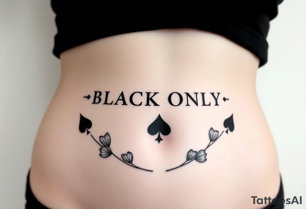 text reading "BLACK ONLY" across a womb tattoo decorated with spades tattoo idea
