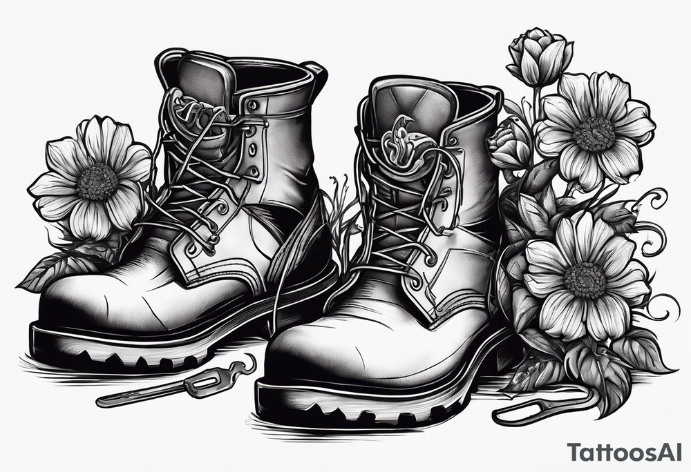 dads worn out work boots sitting with wrench, screwdriver & hammer and a beer around or near it and flowers growing out of the boots. tattoo idea