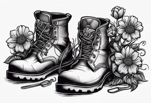 dads worn out work boots sitting with wrench, screwdriver & hammer and a beer around or near it and flowers growing out of the boots. tattoo idea