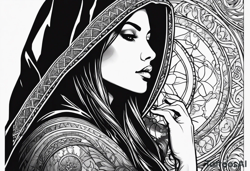 Woman with long hair in a hood in profile looking up and reaching for an orb with her left hand tattoo idea