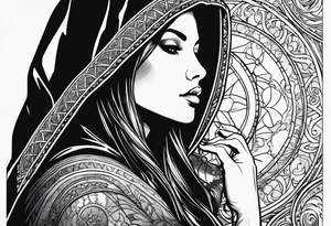 Woman with long hair in a hood in profile looking up and reaching for an orb with her left hand tattoo idea