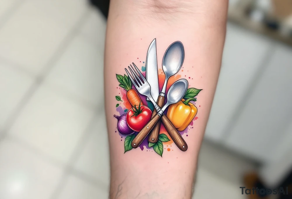 A realistic kitchen tattoo design showing a stainless steel chef’s knife with a brown wooden handle crossed over a silver fork and spoon, surrounded by fresh vegetables: a bright red tomato, an orange carrot with green leaves, a purple onion, green basil leaves, and a yellow bell pepper — all arranged in a circular layout with soft watercolor splashes in red, green, orange, and violet behind them. tattoo idea