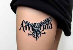 Amanda name with deathly hallows and Hedwick owl tattoo idea
