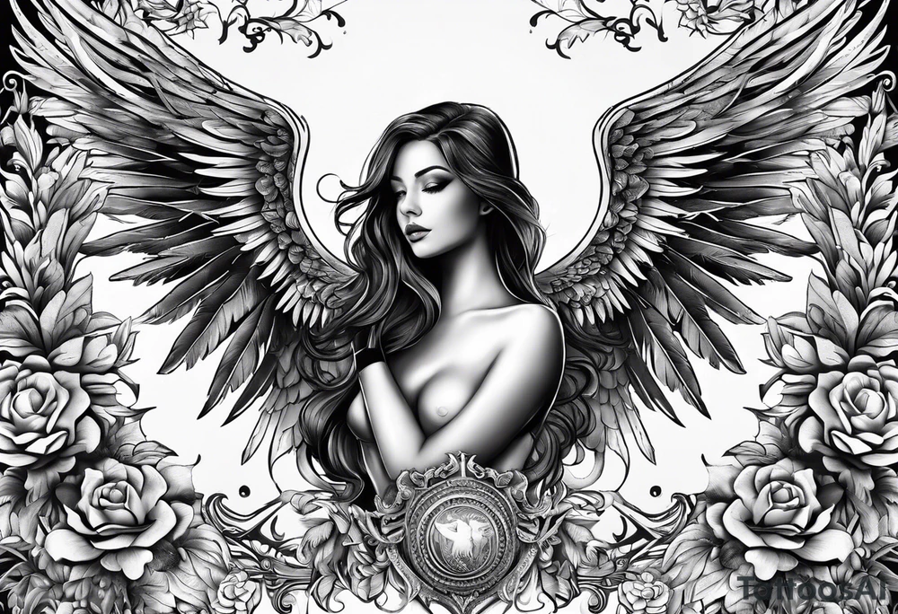 The names Leonie & Yvette with angel wings behind tattoo idea The names Leonie & Yvette with angel wings behind tattoo idea