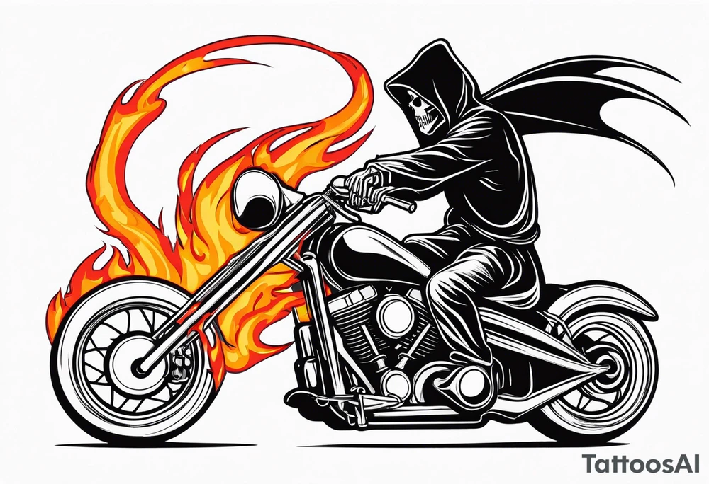 Grim Reaper on motorcycle on fire with red glowing eyes tattoo idea