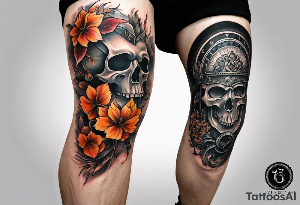 knee tattoo in fall color masculine tattoo idea