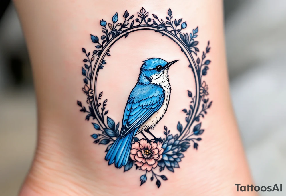 Blue bird coverup in a floral mirror frame tattoo idea