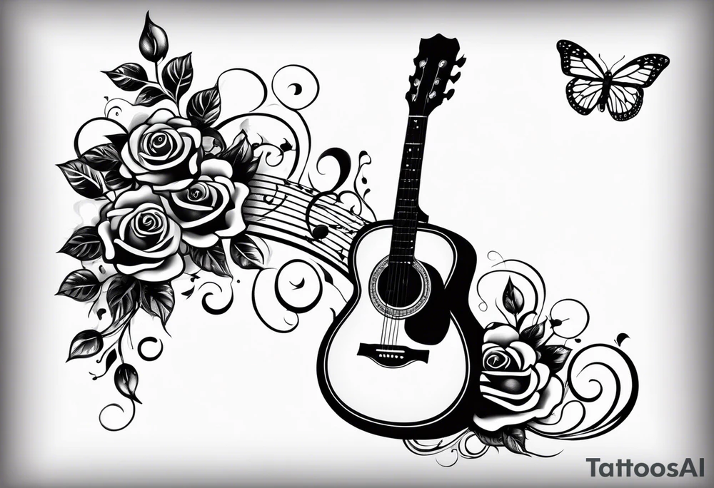 Acoustic guitar treble clef, roses and butterflies on the right side only tattoo idea