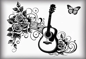 Acoustic guitar treble clef, roses and butterflies on the right side only tattoo idea