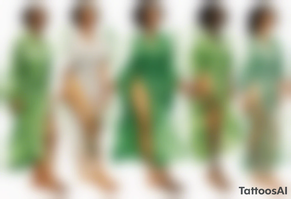 a beautiful black woman with tree roots for feet, standing with arms reaching out to the sun, wearing a sheer green robe tattoo idea