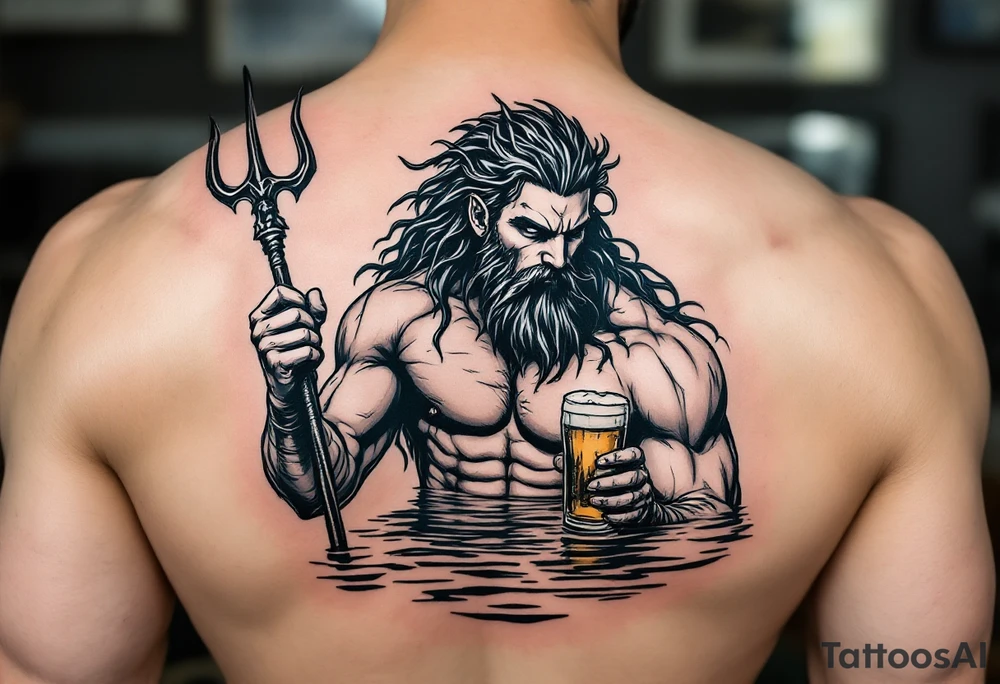 young, fit poseidon in calm water, holding a trident, drinking a beer tattoo idea
