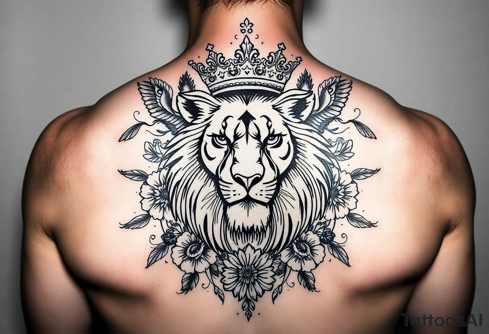powerful majestic lion with a crown, surrounded by floral ornaments and birds tattoo idea
