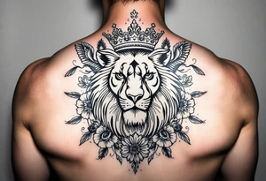 powerful majestic lion with a crown, surrounded by floral ornaments and birds tattoo idea