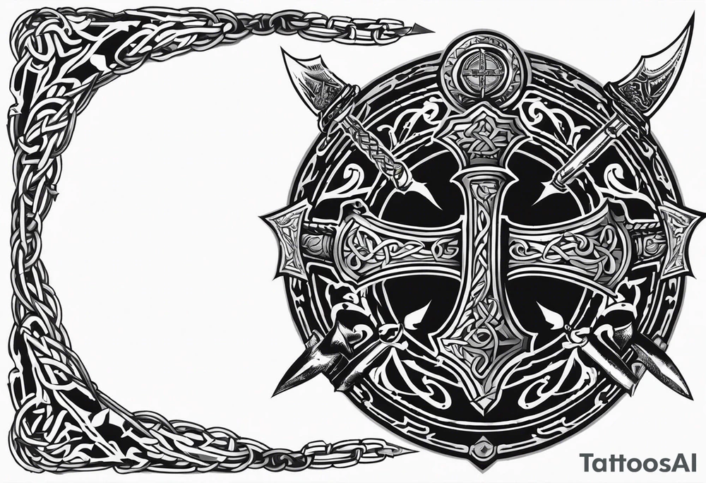 Valhalla round shield axe barbed wire chains tattoo idea