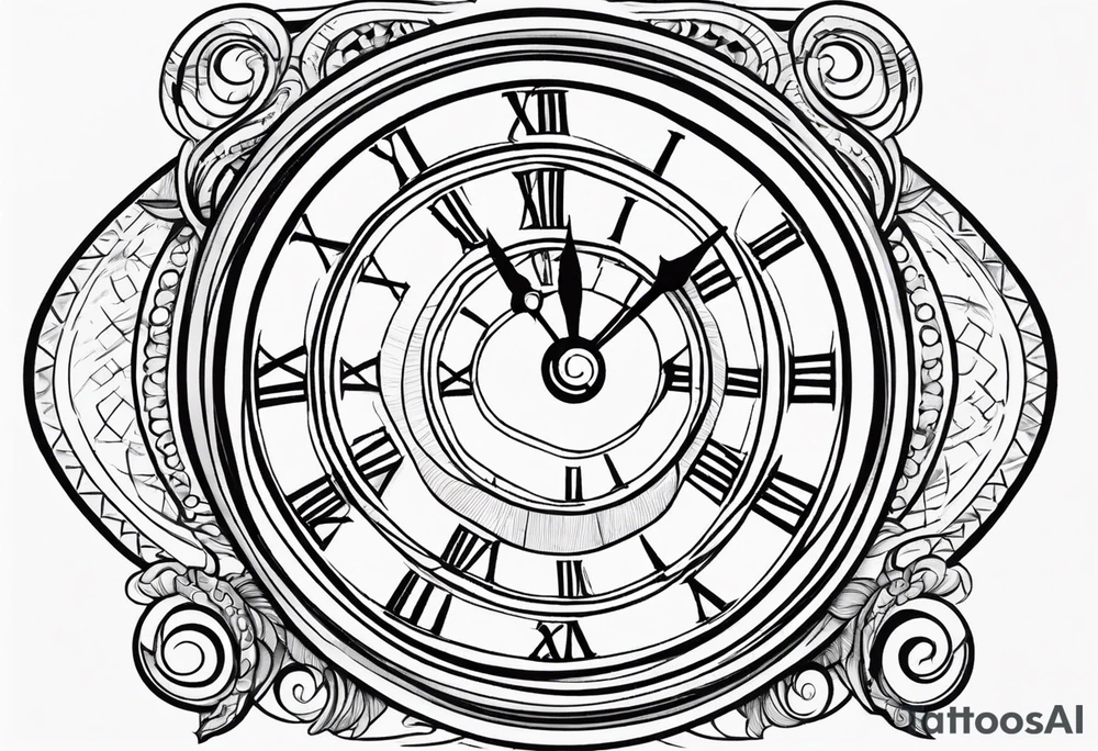Draw me a tattoo located on the shoulder and upper arm of a man. The tattoo represents a clock in an hourglass with Roman numerals in the background. It is a symbol of the passing of time. tattoo idea