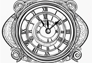 Draw me a tattoo located on the shoulder and upper arm of a man. The tattoo represents a clock in an hourglass with Roman numerals in the background. It is a symbol of the passing of time. tattoo idea