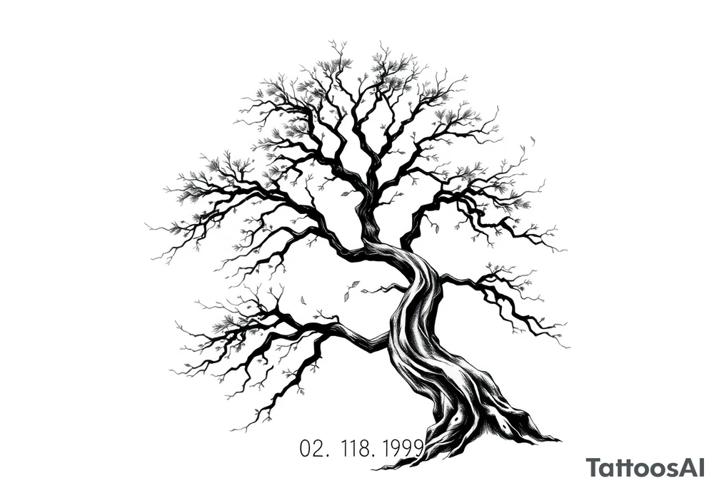 simple windy tree tattoo linework stencil with date 02.18.1998 tattoo idea