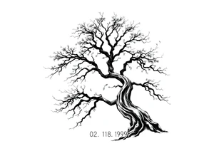 simple windy tree tattoo linework stencil with date 02.18.1998 tattoo idea