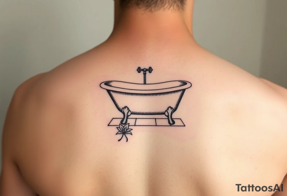 Clawfoot bathtub on tile floor with lily growing out of floor tattoo idea