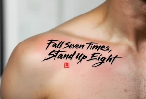 "Fall Seven Times, Stand Up Eight" in Japanese calligraphy style with English underneath, inked in black with red stamps (hanko-style) for contrast. tattoo idea