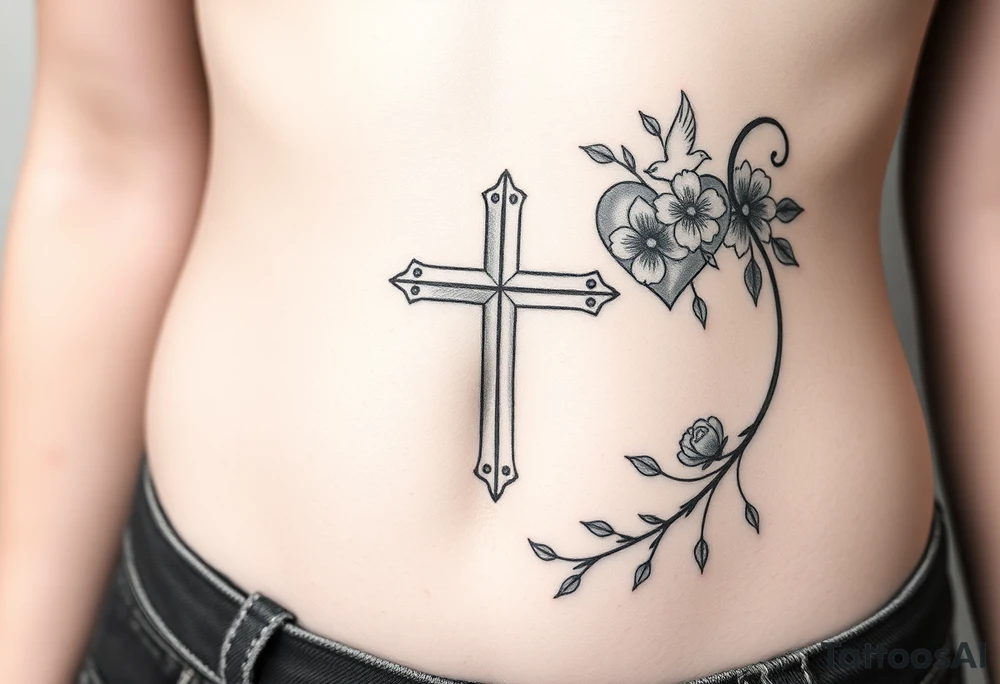 Cross:

A cross, a central symbol of Christianity, can be paired with images like doves (representing peace and love) or intertwined vines (symbolizing a strong and enduring bond).

Doves:

Doves, often seen as symbols of peace and lov can be incorporated into the design, representing the couple's commitment to each other and God.

Intertwined Vines/Hearts:

These designs symbolize the interconnectedness and unity of marriage, ofte adding a romantic and personal touch.

Bible Verses:

A relevant verse about marriage, such as Ephesians 5:21-33 or Proverbs 18:22, can be incorporated into the tattoo design, providing a reminder of their faith and commitment.

Cross Wrapped in Flowers:

This design can be both beautiful and symbolic with the cross representing faith and the flowe symbolizing the beauty of love and commitment.
On female rib cage tattoo idea