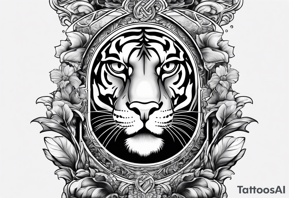 Brain in sagittal and angry cougar inside hourglass tattoo idea