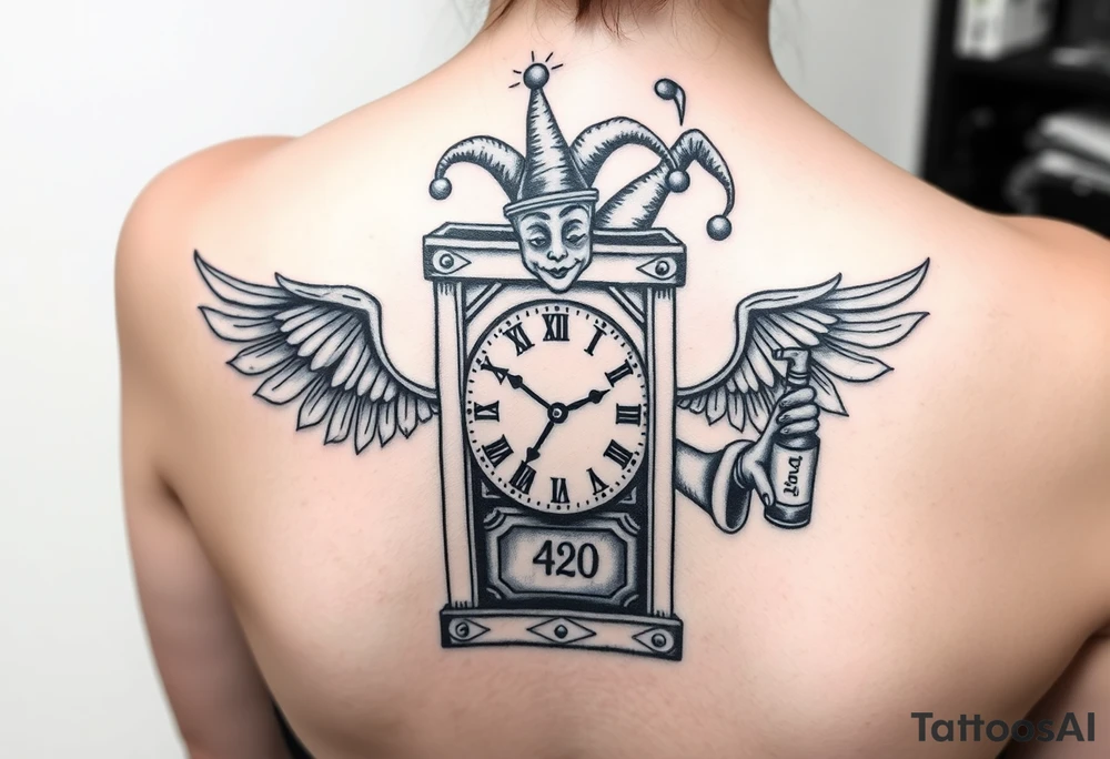 jack in the box
the box as a clock with the time 420
two open wings besides the clock
smoke as the spring rising from the clock
a jester clown coming out the smoke
smoking in one hand with a liquor bottle on the other hand tattoo idea
