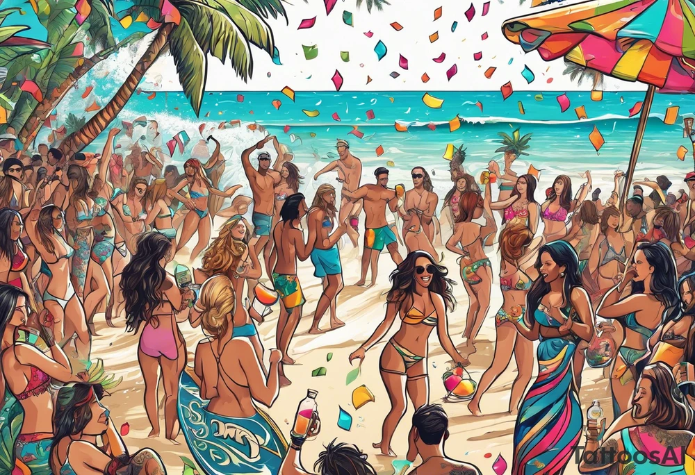 SURFING SAFARI BEACH DANCE 
PARTY WITH CONFETTI AND MUSIC NOTES, TROPICAL DRINKS, SEXY BIKINIS tattoo idea