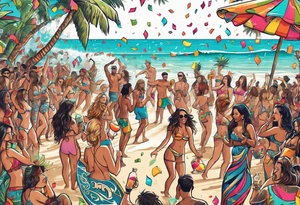 SURFING SAFARI BEACH DANCE 
PARTY WITH CONFETTI AND MUSIC NOTES, TROPICAL DRINKS, SEXY BIKINIS tattoo idea