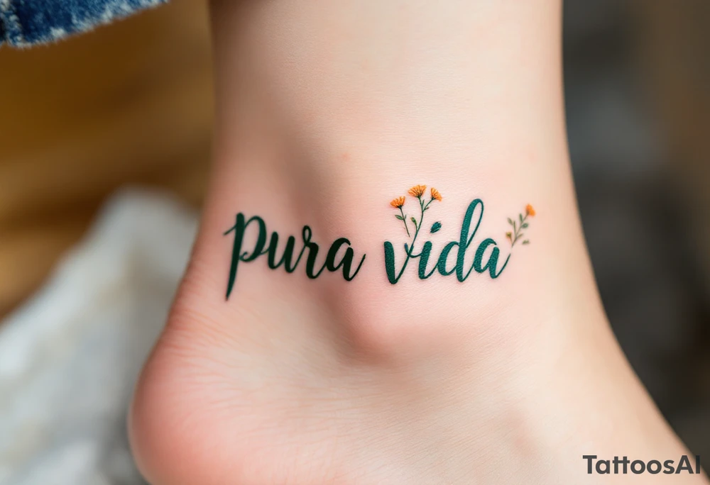 “Pura Vida” curving along the ankle, in dark green, surrounded by tiny wildflowers in orange and yellow. tattoo idea