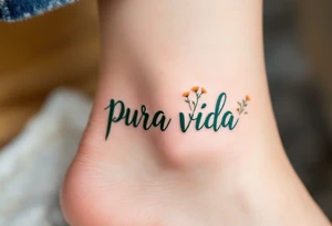 “Pura Vida” curving along the ankle, in dark green, surrounded by tiny wildflowers in orange and yellow. tattoo idea