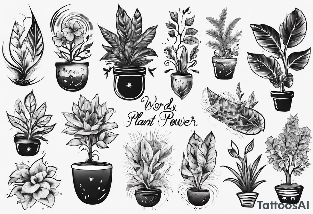 Words “Plant Power” with plants tattoo idea