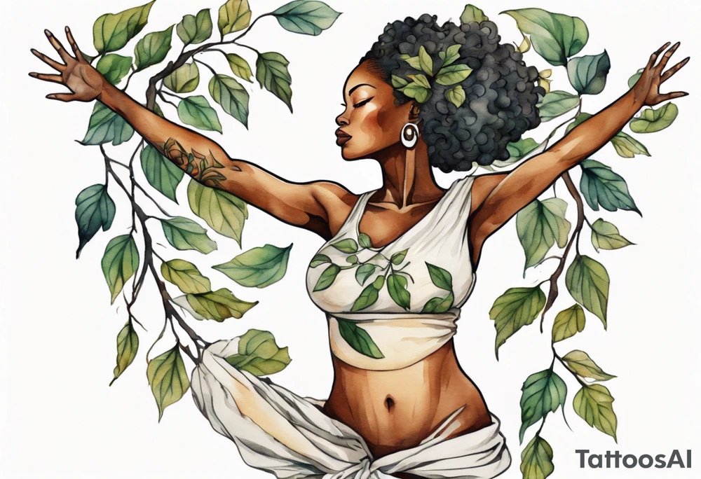 a tree trunk with roots that is a beautiful black woman from the waist up, arms reaching up to the sun, wearing a tunic made out of leaves tattoo idea