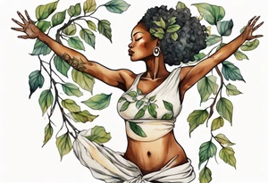 a tree trunk with roots that is a beautiful black woman from the waist up, arms reaching up to the sun, wearing a tunic made out of leaves tattoo idea