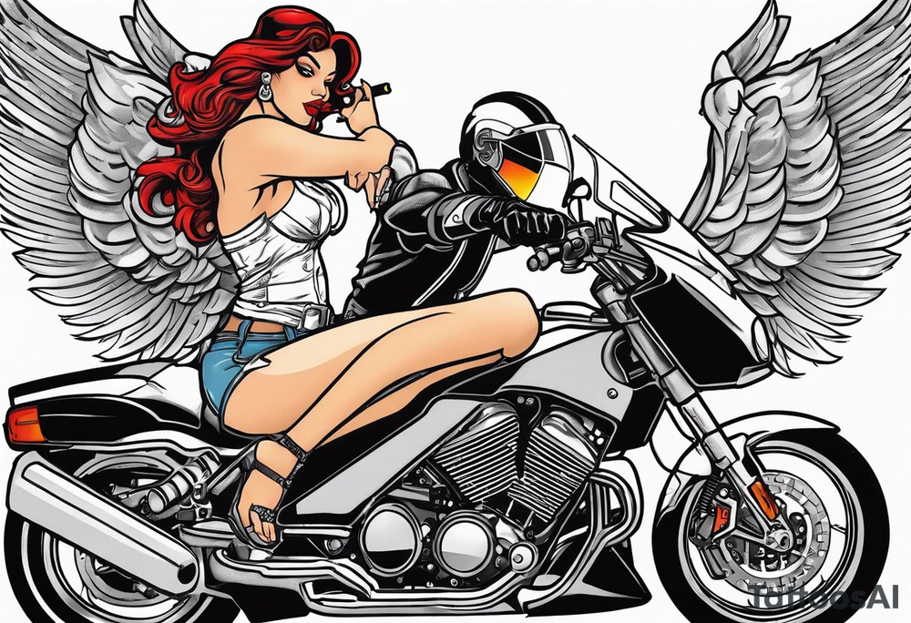 Sexy, feminine, gangster girl pointing a 32 cal. Gun 1 hand & lighting a cig w the other angel/devil, relaxing on a cbr600rr silver, tattoo idea